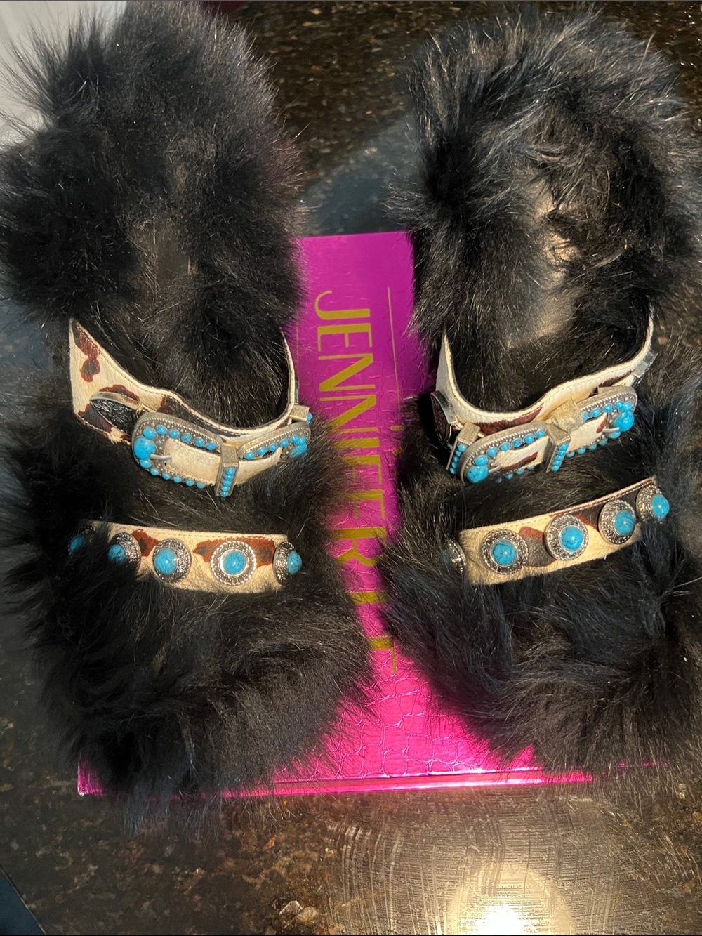 Jennifer Le Black Fur Slide Sandals with Turquoise Conchos